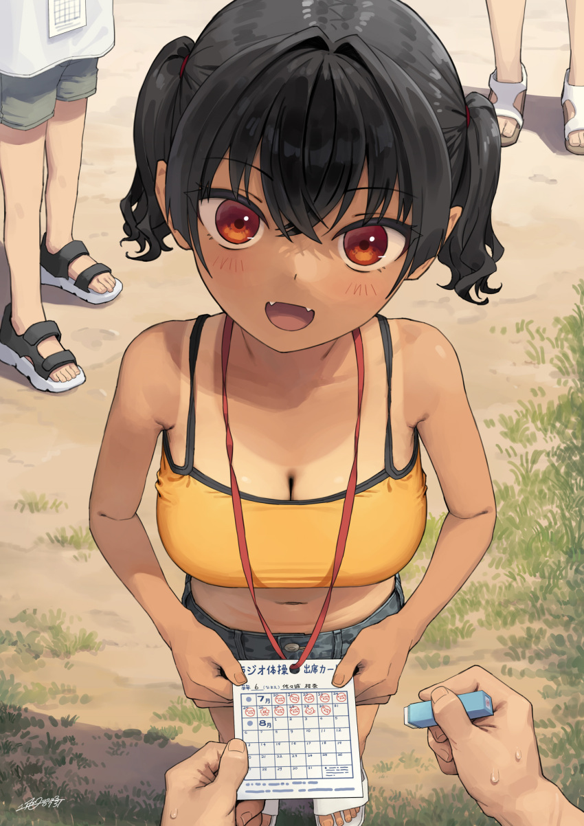 1girl 3others black_hair blush breasts camisole cleavage collarbone fangs gaki_kyonyuu grey_shorts highres holding kaedeko_(kaedelic) lanyard large_breasts looking_at_viewer midriff multiple_others navel one-piece_tan oppai_loli pov red_eyes sandals sasaki_kanna_(kaedeko) short_hair shorts signature solo_focus standing sweatdrop tan tanlines toes twintails yellow_camisole