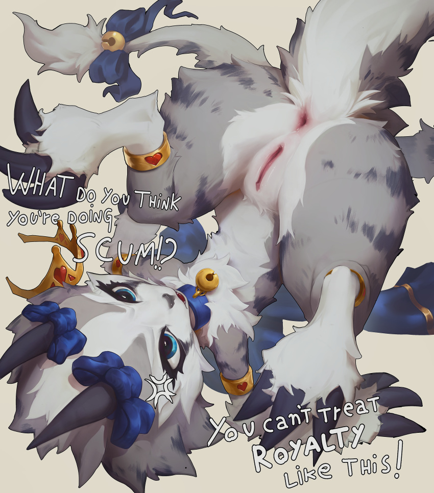 absurd_res angry anthro anus big_butt blue_eyes butt cheek_tuft chest_tuft claws collar crown dakoten dialogue digital_media_(artwork) english_text facial_tuft fangs female flat_chested fluffy forced freya_(nisvuthjusandre) fur furred_kobold genitals grey_body grey_fur headgear hi_res horn kobold nude open_mouth paws princess pussy royalty short_stack simple_background small_waist solo tail teeth text thick_thighs tuft white_body white_fur wide_hips