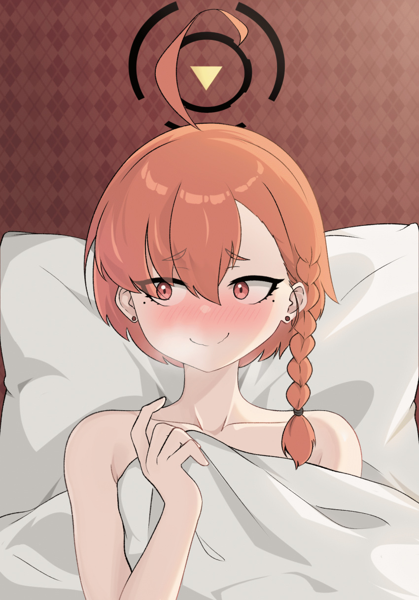 1girl ahoge ahoge_wag animated animated_gif bed bed_sheet blue_archive blush closed_mouth earrings expressive_hair hair_between_eyes halo highres hrna implied_after_sex jewelry mole mole_under_eye neru_(blue_archive) on_bed orange_hair pillow red_eyes smile solo