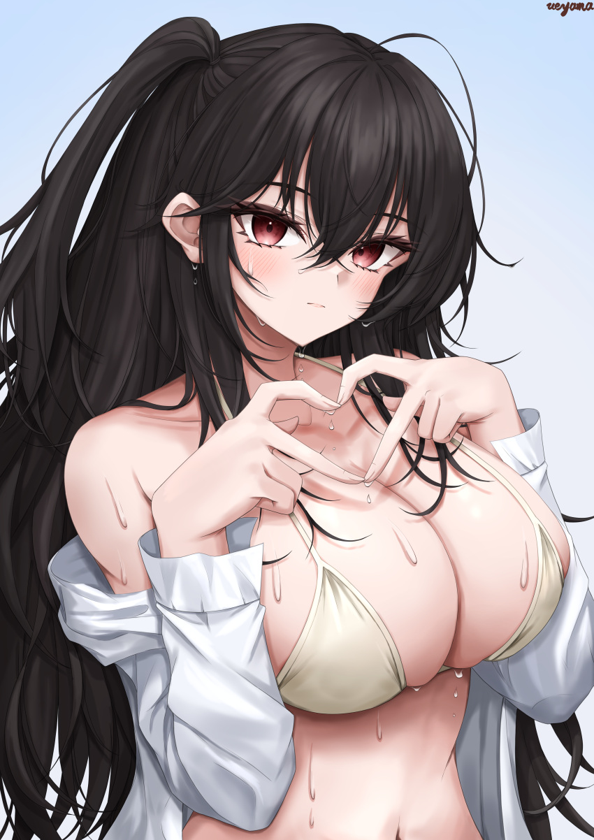 1girl absurdres azur_lane bikini black_hair blush breasts cleavage heart heart_hands highres huge_breasts looking_at_viewer official_alternate_costume one_side_up open_clothes open_shirt red_eyes shirt solo swimsuit taihou_(azur_lane) taihou_(seaside_daydreams)_(azur_lane) ueyama_0clock upper_body white_shirt yellow_bikini