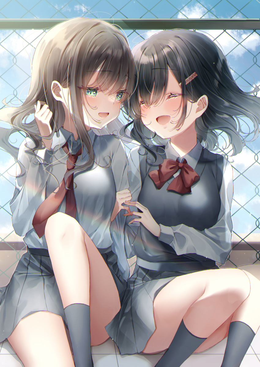 2girls absurdres adjusting_hair arm_grab black_hair black_sweater_vest blue_eyes blush bow bowtie breasts brown_hair chromatic_aberration closed_eyes collared_shirt grey_skirt hair_ornament hairclip highres knee_up light_particles long_hair long_sleeves looking_at_another multiple_girls necktie open_mouth original pleated_skirt puffy_sleeves red_bow red_bowtie red_necktie rooftop school_uniform shirt single_sidelock sitting skirt smile sweater_vest touki_matsuri uniform white_shirt yuri