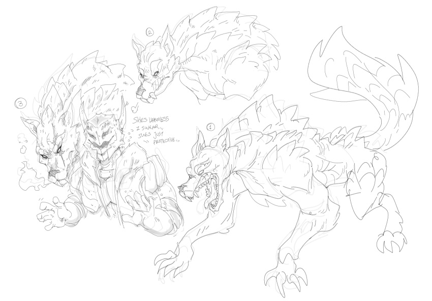 2023 armor black_and_white capcom claws dialogue duo english_text fanged_wyvern female feral fluffy fluffy_tail hi_res long_tail lunagaron male mhdrawin monochrome monster_hunter open_mouth paws scar sharp_teeth sketch snout tail teeth text tongue