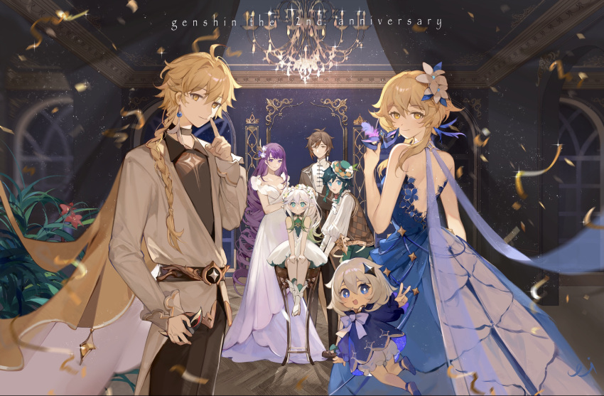 3boys 4girls aether_(genshin_impact) anniversary aqua_eyes aqua_hair aqua_headwear belt black_belt blonde_hair blue_dress blue_eyes braid brown_hair brown_pants cape chandelier closed_mouth dress earrings flower genshin_impact green_eyes hair_flower hair_ornament highres holding holding_mask index_finger_raised jacket jewelry lizi_(st3648) long_hair long_sleeves looking_at_viewer lumine_(genshin_impact) mask multiple_boys multiple_girls nahida_(genshin_impact) paimon_(genshin_impact) pants puffy_sleeves purple_eyes purple_hair raiden_shogun short_hair sitting stool sweater_vest venti_(genshin_impact) white_dress white_flower white_hair white_jacket yellow_eyes zhongli_(genshin_impact)