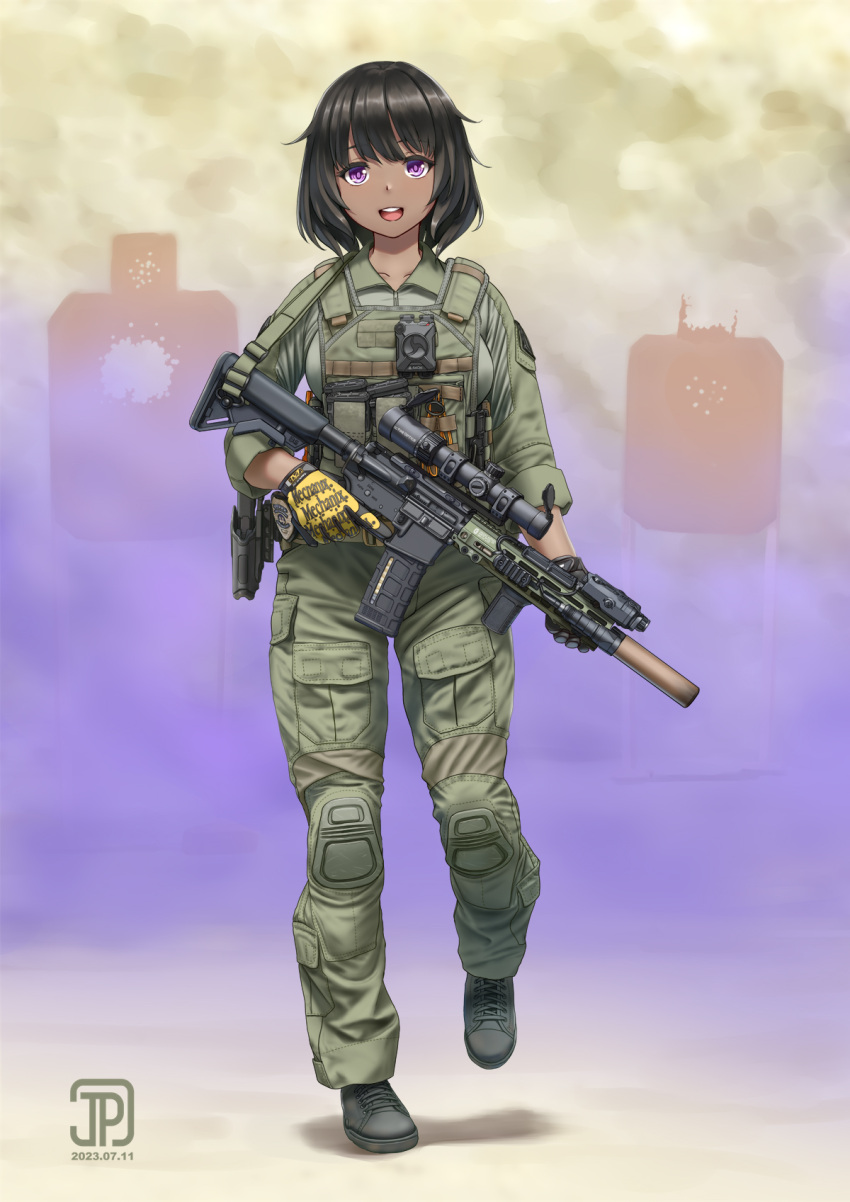 1girl artist_name assault_rifle black_footwear black_hair dark-skinned_female dark_skin dated gloves green_jacket green_pants gun highres jacket jpc looking_at_viewer magazine_(weapon) military open_mouth original pants police_badge purple_eyes rifle scope shooting_range short_hair smile solo suppressor vertical_foregrip weapon weapon_request yellow_gloves