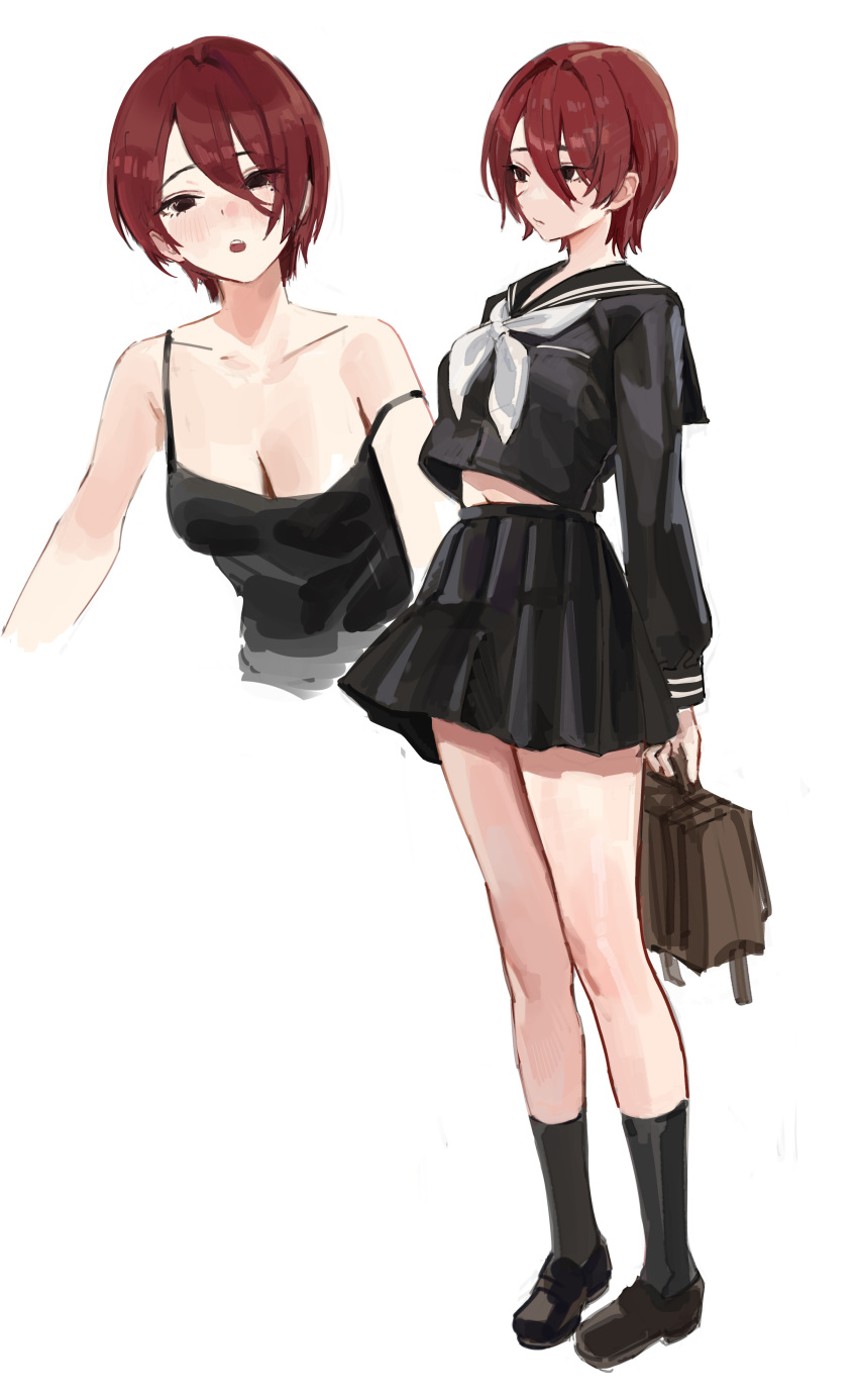 1girl absurdres arms_behind_back bag black_camisole black_footwear black_sailor_collar black_serafuku black_shirt black_skirt black_socks blush breasts brown_bag brown_eyes camisole cleavage closed_mouth expressionless full_body gompang_11 hair_between_eyes highres holding holding_bag long_sleeves looking_at_viewer medium_breasts midriff_peek mole mole_under_eye multiple_views neckerchief open_mouth original pleated_skirt red_hair sailor_collar school_uniform serafuku shirt short_hair simple_background skirt sleeve_cuffs socks standing strap_slip white_background white_neckerchief