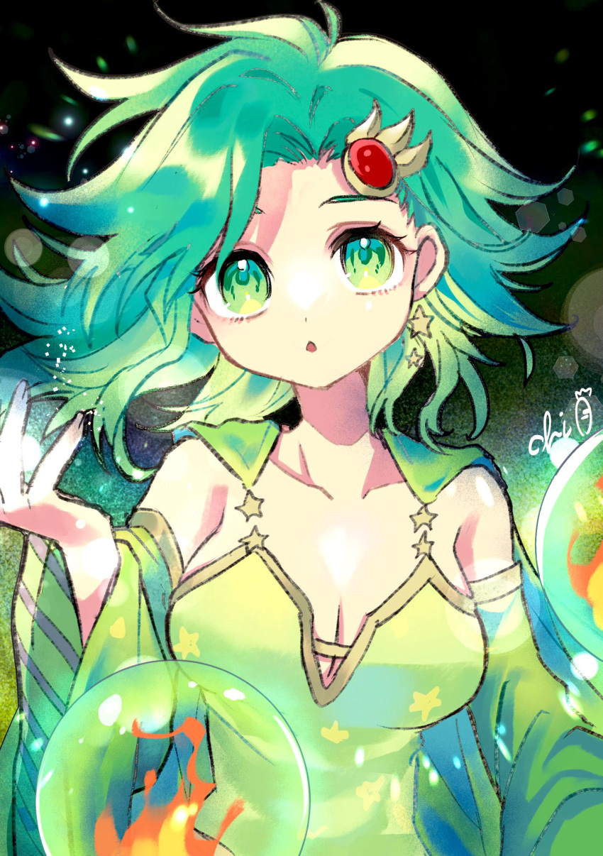 1girl bare_shoulders blue_eyes breasts cape chi_rpg cleavage detached_sleeves earrings final_fantasy final_fantasy_iv fire green_cape green_hair green_leotard hair_ornament highres jewelry large_breasts leotard looking_at_viewer medium_hair open_mouth protected_link rydia_(ff4) solo