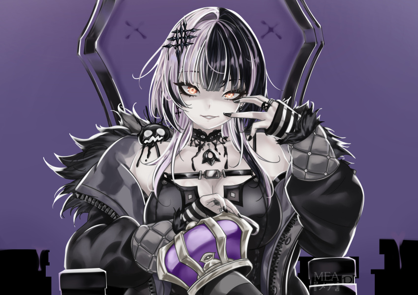1girl absurdres black_choker black_coat black_dress black_gloves black_hair black_nails breasts chest_belt choker cleavage coat crown dress fur-trimmed_dress fur_trim gloves highres hololive hololive_english king_(vocaloid) lace-trimmed_choker lace_trim large_breasts looking_at_viewer mea_(manami030) multicolored_hair nail_polish purple_background shiori_novella smile split-color_hair striped striped_gloves virtual_youtuber white_hair yellow_eyes yorick_(shiori_novella)