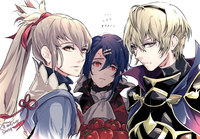 3boys alcryst_(fire_emblem) armor ascot blonde_hair blue_hair brown_eyes closed_mouth fire_emblem fire_emblem_engage fire_emblem_fates food hair_between_eyes hair_ornament hairclip highres leo_(fire_emblem) long_hair looking_at_viewer male_focus multiple_boys ponytail red_eyes short_hair takumi_(fire_emblem) tomato umi_(_oneinchswing) white_ascot white_background yellow_eyes