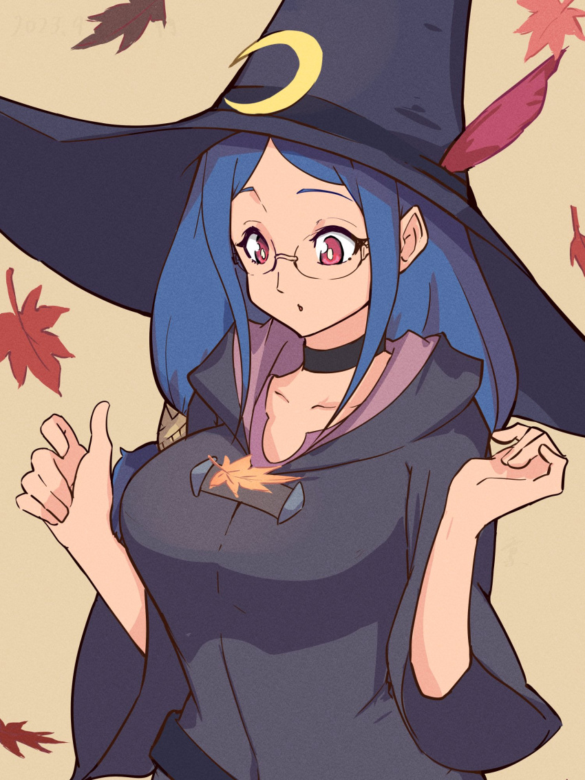 1girl black_choker black_dress blue_hair bluearcadegames choker dress falling_leaves glasses hat hat_feather highres hooded_dress leaf little_witch_academia looking_down parted_bangs parted_lips red_eyes solo upper_body ursula_charistes wide_sleeves witch_hat