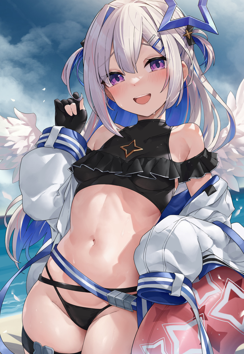 1girl :d absurdres amane_kanata amane_kanata_(3rd_costume) angel angel_wings bare_shoulders beach belt bikini black_bikini black_gloves blue_belt blue_hair blush breasts cloud cloudy_sky colored_inner_hair commentary_request covered_collarbone crop_top day feathered_wings furrowed_brow gloves grey_hair groin hair_between_eyes hair_ornament hairclip halo halterneck hand_up highres hololive innertube jacket kaguya_(srx61800) long_hair long_sleeves looking_at_viewer multicolored_hair navel ocean off_shoulder official_alternate_costume open_clothes open_jacket open_mouth outdoors partially_fingerless_gloves puffy_long_sleeves puffy_sleeves purple_eyes shore single_hair_intake sky sleeves_past_fingers sleeves_past_wrists small_breasts smile solo star_halo stomach streaked_hair string_bikini swimsuit teeth thigh_belt thigh_strap two_side_up upper_teeth_only virtual_youtuber white_jacket wings