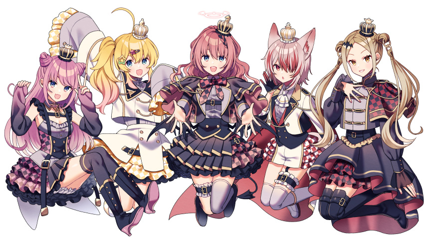 5girls absurdres ahoge animal_ears bat_hair_ornament blonde_hair blue_eyes edward-el fox_ears fox_girl fox_tail hair_ornament highres hinahoshi_airu jacket jewelry kujou_ringo long_hair looking_at_viewer multicolored_hair multiple_girls official_art open_mouth otokado_ruki pink_hair red_eyes red_hair simple_background smile streaked_hair syusetu_kohaku tail tulsi_nightmare vee_(vtuber) virtual_youtuber