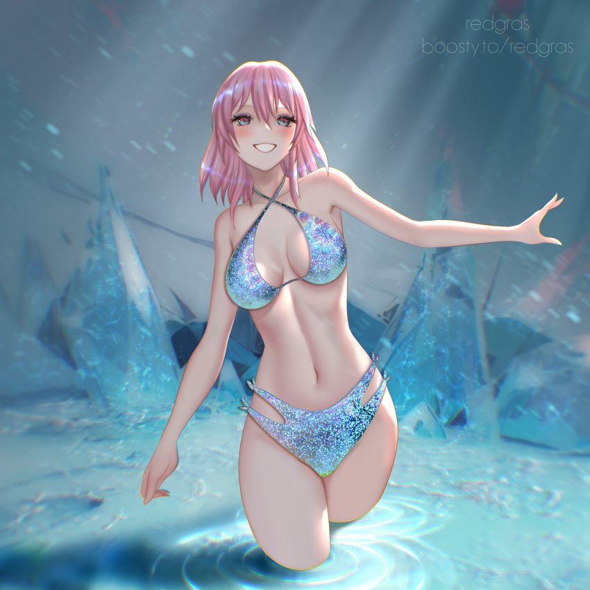 1girl absurdres bare_arms bare_shoulders bikini blue_bikini commentary grin highres honkai:_star_rail honkai_(series) looking_at_viewer march_7th_(honkai:_star_rail) medium_hair navel pink_hair redgras smile solo standing stomach swimsuit thighs wading