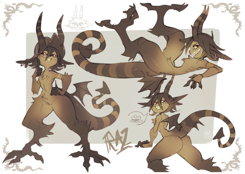 anthro bandage bandaged_arm belly_tuft big_butt brown_body brown_hair butt chest_tuft chimera clawed_feet ear_piercing ear_ring female foresttherotten gremlin hair hi_res horn hybrid markings model_sheet piercing pointed_tail raz_(foresttherotten) red_eyes ring_piercing sharp_teeth solo striped_markings striped_tail stripes tail tail_markings teeth thick_thighs tuft wings wings_on_tail yellow_sclera