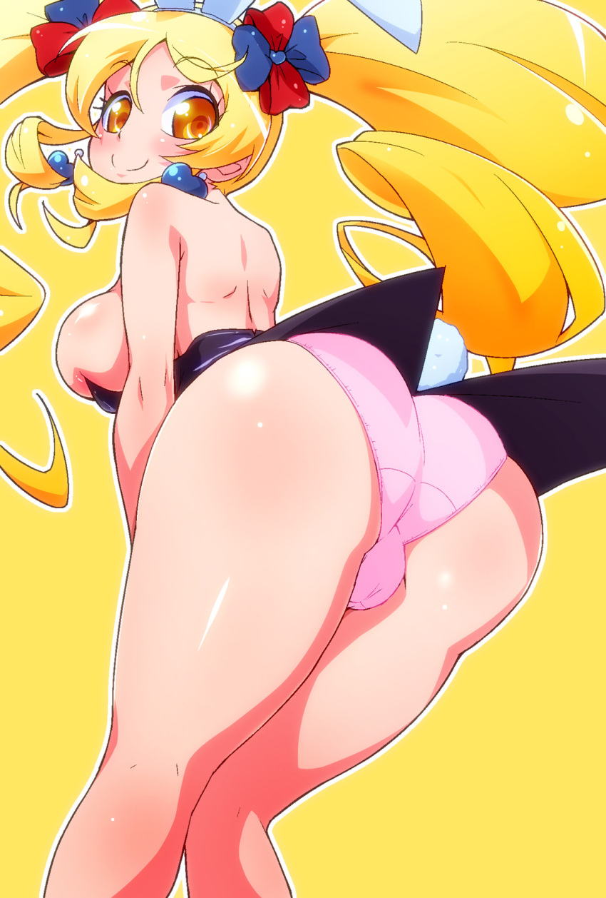 1girl alternate_form animal_ears ass back bare_shoulders bent_over black_shirt blonde_hair breasts closed_mouth clothes_pull coattails commentary crotch_seam cure_honey cure_honey_(popcorn_cheer) drill_hair earrings fake_animal_ears fake_tail from_behind hair_ribbon happinesscharge_precure! heart heart_earrings highres jewelry kneepits large_breasts leaning_forward long_hair looking_at_viewer looking_back magical_girl oomori_yuuko panties pink_panties precure rabbit_ears rabbit_tail ribbon ryuuta_(cure_ryuuta) shirt shirt_pull sidelocks simple_background smile solo standing tail trefoil twin_drills twintails underwear yellow_background yellow_eyes