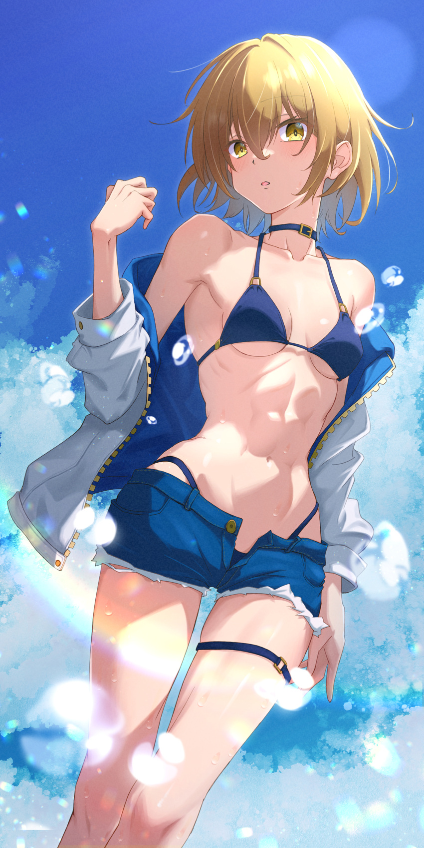 1girl bare_legs bikini bikini_under_clothes blonde_hair blue_bikini blue_collar blue_sky breasts buckle cleavage cloud collar collarbone commentary_request day groin hair_between_eyes highres kuthird346 looking_at_viewer navel open_clothes open_fly open_shorts original outdoors parted_lips partial_commentary short_hair short_shorts shorts sky small_breasts solo standing swimsuit thigh_gap thigh_strap underboob yellow_eyes