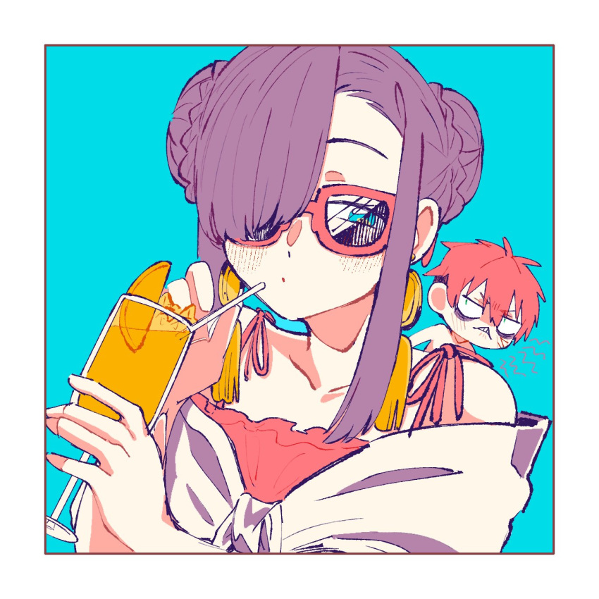 1boy blue_eyes blue_hair cup drink drinking_glass drinking_straw gauma glass gridman_universe gridman_universe_(film) hair_between_eyes highres juice long_bangs long_hair ningen_(ssss) princess_(dynazenon) red_hair scar scar_on_face sunglasses swimsuit