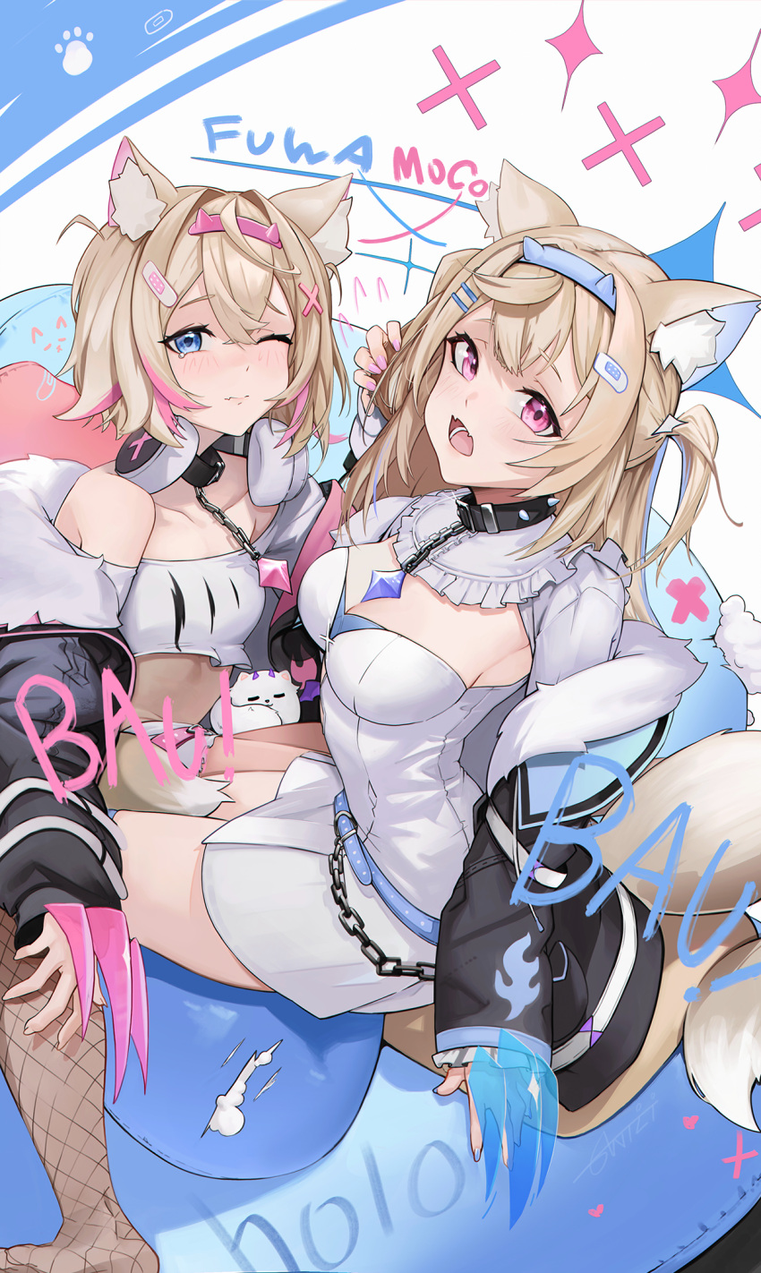 2girls animal_ear_fluff animal_ears anizi belt black_collar blonde_hair blue_belt blue_hair blue_nails blush breasts cleavage cleavage_cutout closed_mouth clothing_cutout collar cropped_jacket cropped_shirt dog_ears dog_girl dog_tail dress fake_claws fangs frilled_shorts frills fur-trimmed_jacket fur_trim fuwawa_abyssgard hair_ornament hairpin headphones headphones_around_neck highres hololive hololive_english jacket large_breasts long_hair looking_at_viewer medium_hair mococo_abyssgard multicolored_hair multiple_girls nail_polish one_eye_closed open_mouth perroccino_(fuwamoco) pink_belt pink_hair pink_nails shirt short_shorts shorts siblings single_fishnet_legwear sisters skin_fangs spiked_collar spikes streaked_hair tail twins twintails virtual_youtuber white_dress white_shirt white_shorts x_hair_ornament