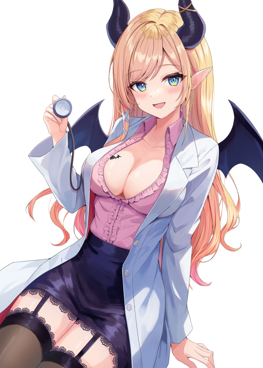 1girl :d adju_ster arm_support black_horns black_thighhighs black_wings blonde_hair blue_eyes blue_skirt blush breast_tattoo breasts center_frills cleavage collared_shirt commentary demon_girl demon_horns demon_wings frills garter_straps hand_up highres holding_stethoscope hololive horns lab_coat large_breasts long_hair looking_at_viewer open_labcoat open_mouth pink_shirt pointy_ears shirt shirt_tucked_in simple_background sitting skirt smile solo stethoscope swept_bangs tattoo thighhighs virtual_youtuber white_background winged_heart wings yuzuki_choco