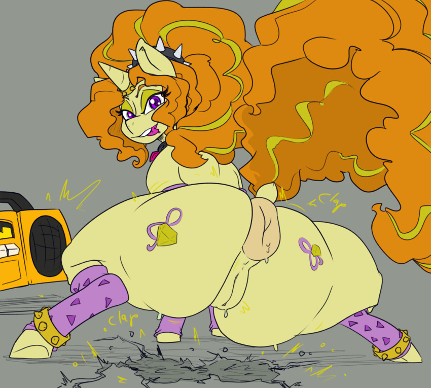 adagio_dazzle_(eg) anus ass_clapping boombox clothing cutie_mark equestria_girls equid equine female feral genitals hair hasbro hi_res horn horse imric1251 leg_warmers legwear looking_at_viewer looking_back mammal my_little_pony orange_hair pony puffy_anus purple_eyes pussy solo tongue tongue_out twerking unicorn