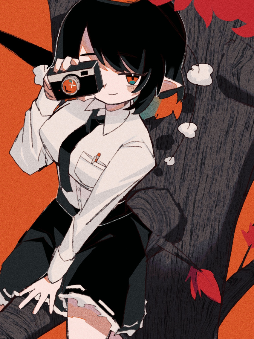 1girl black_hair black_necktie black_skirt camera closed_mouth collared_shirt commentary frilled_skirt frills highres holding holding_camera kagiyama0303 long_sleeves looking_at_viewer necktie orange_background outdoors pen pointy_ears pom_pom_(clothes) red_eyes ribbon-trimmed_skirt ribbon_trim shameimaru_aya shirt short_hair simple_background sitting_on_branch skirt smile solo touhou tree white_shirt