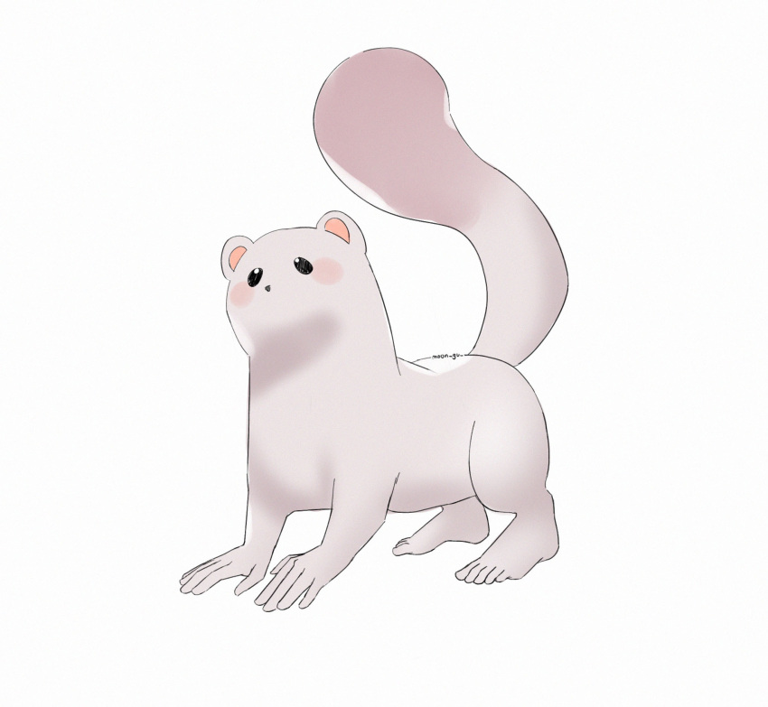 ambiguous_gender barefoot black_nose blush feet feral fur hi_res humanoid_feet humanoid_hands mammal moon-gu mouthless mustelid musteline nu:_carnival plantigrade round_ears solo stoat tail topper_(nu:_carnival) true_musteline weasel what_has_science_done white_body white_fur