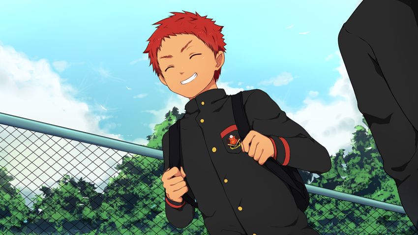 1boy bacchikoi! backpack bag blue_sky buttons chain-link_fence closed_eyes cloud collaboration fence game_cg kanada_toshu male_focus mazjojo mikkoukun non-web_source parted_lips red_hair school_uniform short_hair sky smile solo teeth tree upper_body variant_set zamius