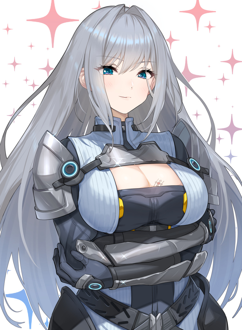 1girl absurdres arm_guards armor belt blue_eyes blush bodysuit breast_tattoo breasts cleavage cleavage_cutout clothing_cutout commission ethel_(xenoblade) faulds fixed green322 grey_bodysuit grey_hair hair_intakes highres large_breasts long_hair long_sleeves looking_at_viewer pauldrons shoulder_armor skeb_commission solo sparkle tattoo white_background xenoblade_chronicles_(series) xenoblade_chronicles_3