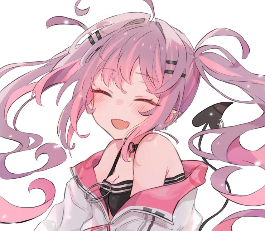 1girl ahoge black_choker black_tank_top blush breasts choker cleavage closed_eyes cropped_jacket demon_tail ear_piercing hair_ornament hairpin highres hololive jacket long_hair multicolored_hair nekonika_(e102k) o-ring o-ring_choker open_mouth piercing pink_hair purple_hair small_breasts smile solo streaked_hair tail tail_ornament tail_piercing tank_top tokoyami_towa tokoyami_towa_(1st_costume) twintails virtual_youtuber white_jacket