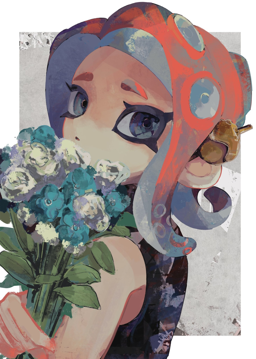 1girl black_eyes black_shirt blue_flower bouquet flower from_side highres holding holding_bouquet looking_at_viewer looking_to_the_side octarian octoling octoling_girl open_mouth shirt sleeveless sleeveless_shirt solo splatoon_(series) splatoon_2 tentacle_hair turtleneck upper_body white_flower zicbx