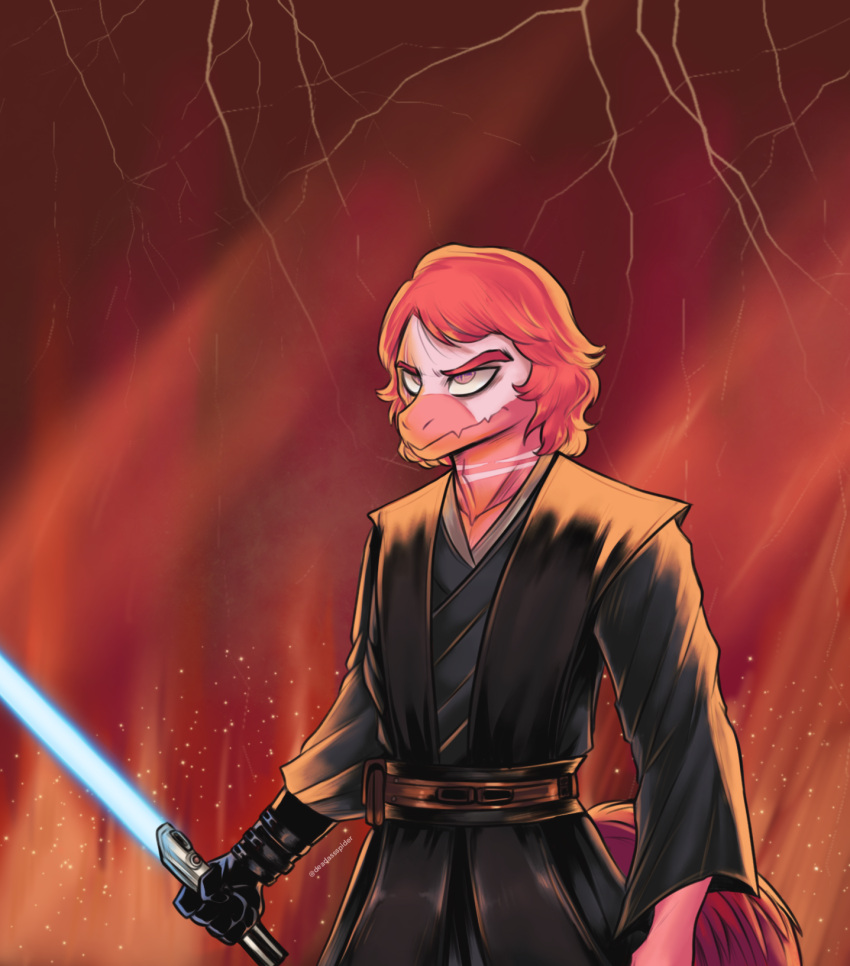 2022 anakin_skywalker anthro cosplay deadassspider detailed_background digital_drawing_(artwork) digital_media_(artwork) dinosaur dromaeosaurid feathered_tail feathers goodbye_volcano_high hair hi_res lightsaber long_tail male melee_weapon multicolored_body multicolored_scales outside pink_eyes red_body red_hair red_scales reed_(gvh) reptile scales scalie scar short_hair snoot_game_(fan_game) solo star_wars tail tan_body tan_scales theropod two_tone_body two_tone_scales velociraptor weapon