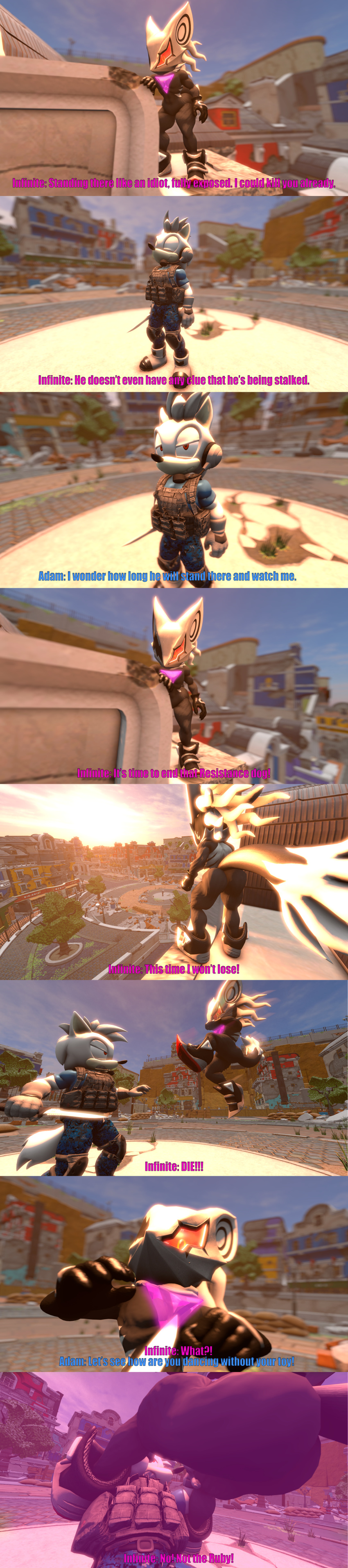 absurd_res anthro big_butt butt canid canine canis dialogue fan_character fight fighting_pose hi_res infinite infinite_(sonic) jackal juicyducksfm kabalmystic_(artist) long_image male mammal muscular pose sega sonic_forces sonic_the_hedgehog_(series) story story_in_description tall_image text wolf ymbpa5475