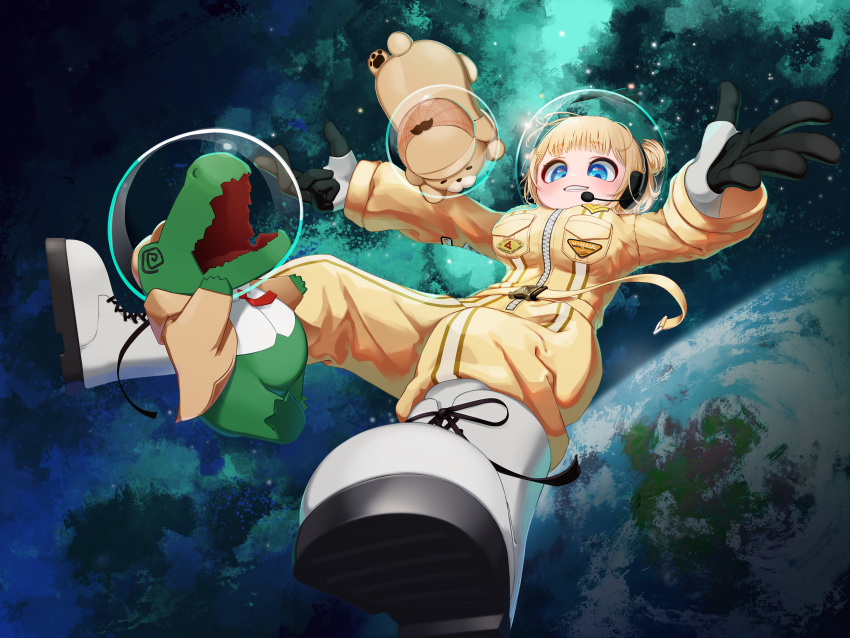 1girl @_@ absurdres alligator appleblossomtea astronaut blonde_hair blue_eyes bodysuit boots bubba_(watson_amelia) commentary crocodilian dog double_bun earth_(planet) english_commentary full-length_zipper grin hair_bun headset helmet highres hololive hololive_english investigator_(amelia_watson) official_alternate_costume official_alternate_hairstyle outstretched_arms planet short_hair smile solo_focus space space_helmet spacesuit virtual_youtuber watson_amelia watson_amelia_(astronaut) white_footwear yellow_bodysuit zipper
