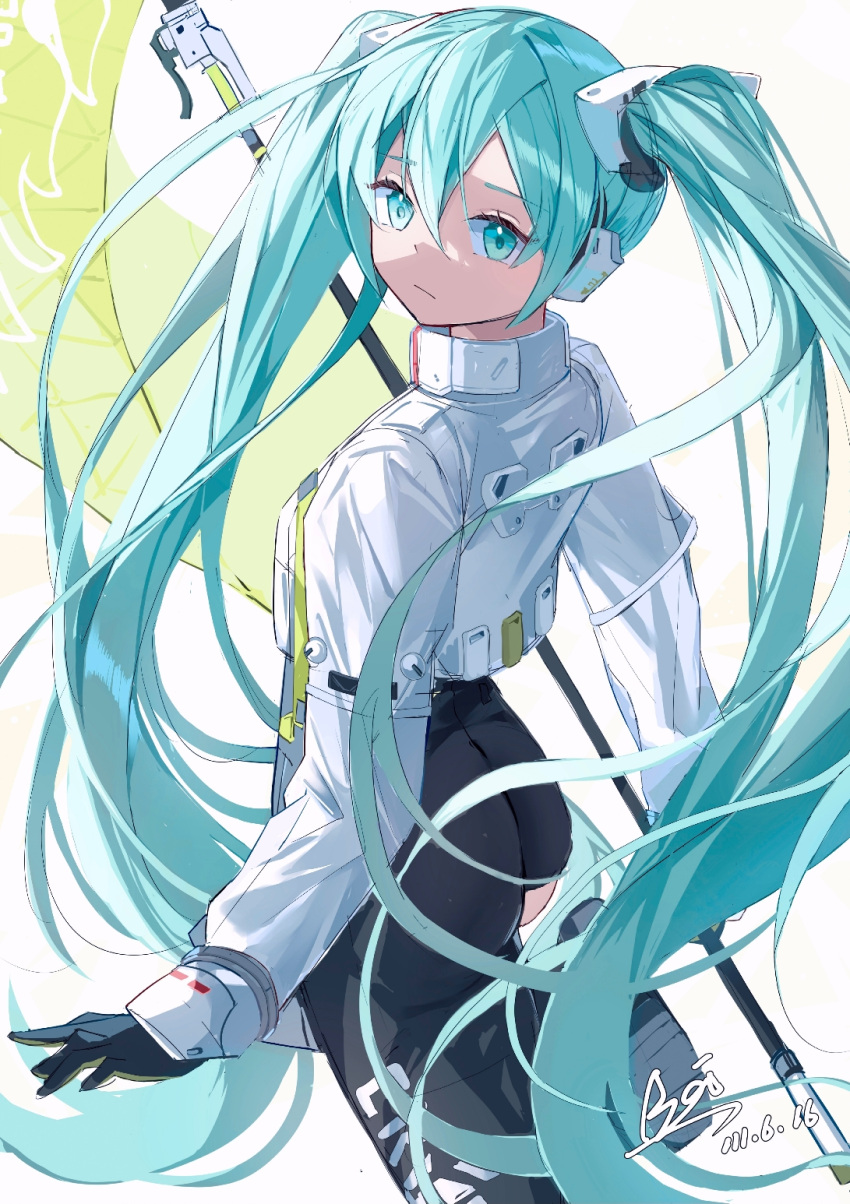 1girl :/ aqua_eyes aqua_hair asymmetrical_bodysuit baizai black_bodysuit black_gloves bodysuit cropped_jacket flagpole flame_print gloves green_gloves hatsune_miku highres holding holding_pole jacket long_hair long_sleeves looking_at_viewer looking_back pole race_queen racing_miku racing_miku_(2022) single_leg_bodysuit solo twintails two-tone_gloves very_long_hair vocaloid white_jacket