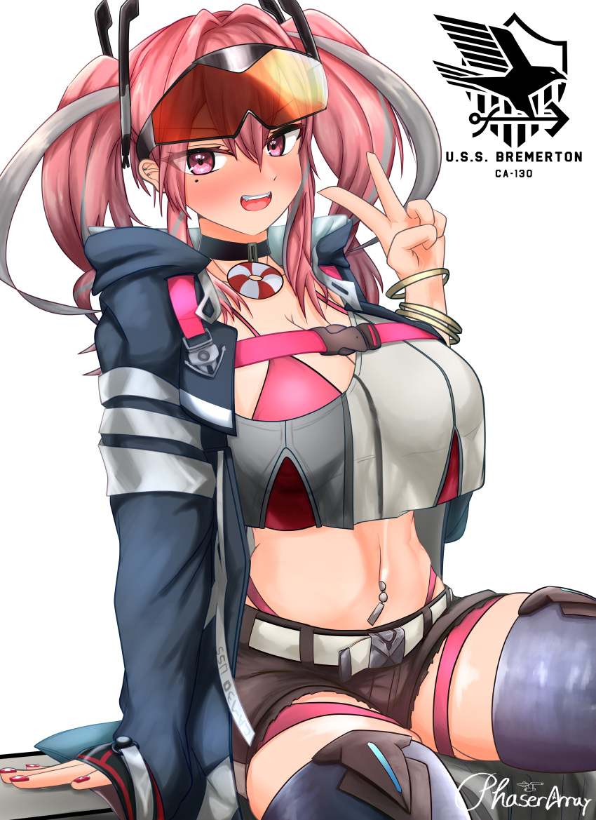 1girl :d absurdres arm_support aviator_sunglasses azur_lane belt bikini bikini_under_clothes black_choker black_shorts blue_coat blue_thighhighs bracelet breasts bremerton_(azur_lane) character_name chest_belt choker cleavage coat commentary crop_top crop_top_overhang cutoffs eagle_union_(emblem) ear_piercing eyewear_on_head fangs grey_belt grey_hair grey_shirt hair_between_eyes hair_intakes hair_ornament highleg highleg_bikini highres hood hood_down hooded_coat jewelry large_breasts lifebuoy_ornament long_hair long_sleeves looking_at_viewer midriff mole mole_on_breast mole_under_eye multicolored_hair navel navel_piercing open_clothes open_coat open_mouth phaser_array piercing pink_bikini pink_eyes pink_hair pink_nails red-tinted_eyewear shirt short_shorts shorts sidelocks signature simple_background sitting skindentation smile snap-fit_buckle solo streaked_hair sunglasses swimsuit teeth thigh_strap thighhighs tinted_eyewear twintails two-tone_hair two-tone_shirt upper_teeth_only v white_background