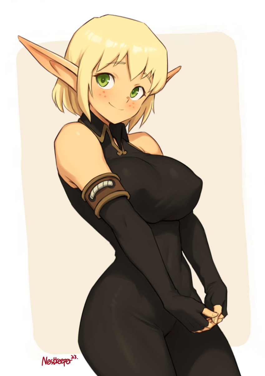 1girl absurdres artist_name bare_shoulders black_bodysuit black_gloves blonde_hair bodysuit breasts brown_background closed_mouth cra_(wakfu) elbow_gloves evangelyne_(wakfu) fingerless_gloves freckles gloves green_eyes highres large_breasts looking_at_viewer nestkeeper pointy_ears short_hair smile solo two-tone_background wakfu white_background