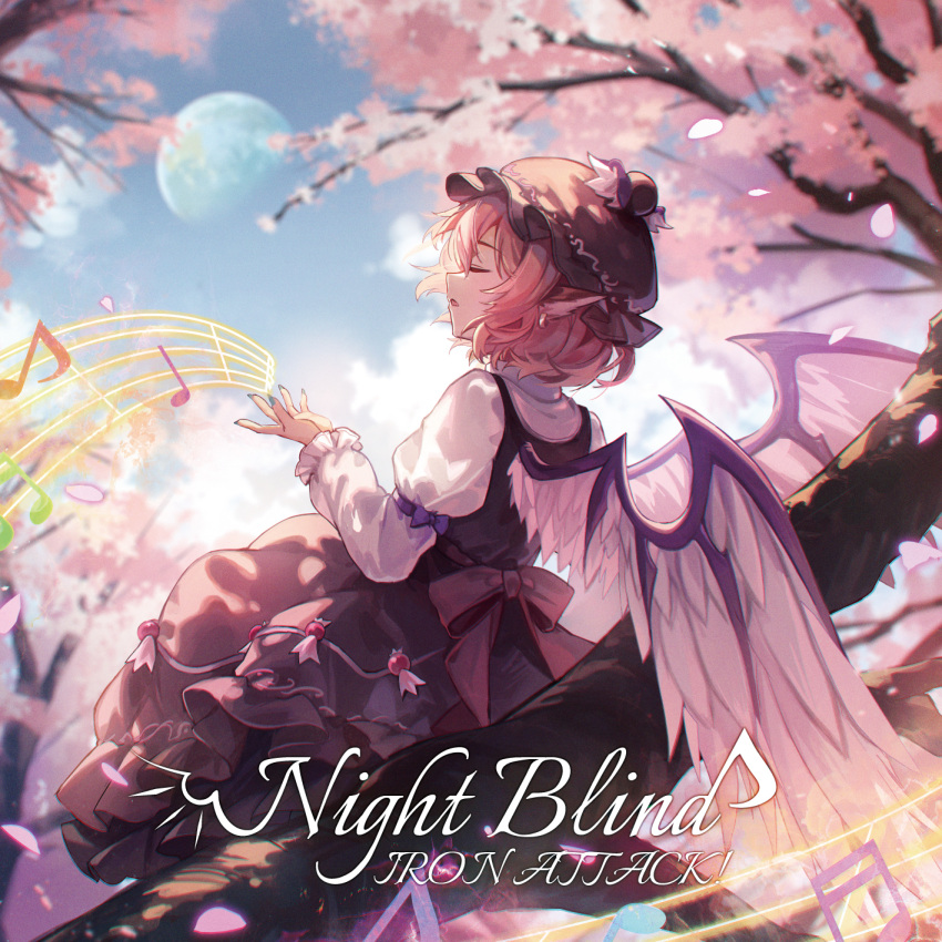 1girl album_cover animal_ears beamed_sixteenth_notes bird_ears bird_wings brown_dress brown_headwear cherry_blossoms closed_eyes cover day dress eighth_note feathered_wings fingernails frilled_dress frills gibbous_moon green_nails hair_between_eyes hat highres in_tree kyusoukyu long_fingernails long_sleeves moon musical_note mystia_lorelei nail_polish open_mouth outdoors petals pink_hair quarter_note sharp_fingernails short_hair sitting sitting_in_tree sleeve_garter solo touhou tree white_wings winged_hat wings