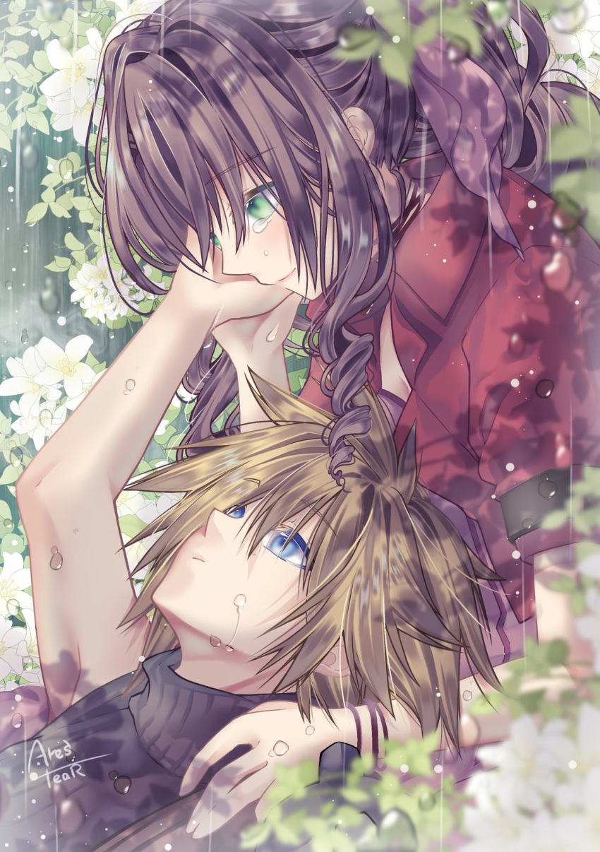 1boy 1girl aerith_gainsborough arestear0701 blonde_hair blue_eyes brown_hair cloud_strife final_fantasy final_fantasy_vii final_fantasy_vii_remake flower green_eyes hand_on_another's_cheek hand_on_another's_face happy_tears highres jacket light_smile rain red_jacket ribbon spiked_hair teardrop tearing_up tears turtleneck water_drop wavy_hair