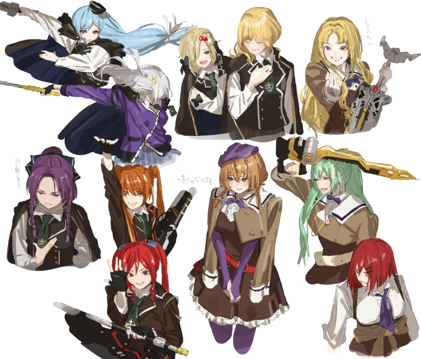 6+girls :d absurdres arm_up arms_at_sides assault_lily bangs_pinned_back belt belt_buckle beret black_bow black_cape black_gloves black_headwear black_jacket black_vest blazer blonde_hair blue_bow blue_cape blue_hair bob_cut bow braid breasts bridal_gauntlets brown_dress brown_jacket buckle buttons cape cardigan closed_eyes closed_mouth clothes_around_waist collared_shirt commentary_request covered_eyes cropped_arms cropped_jacket cropped_legs cropped_torso dress elbow_gloves fingerless_gloves floating_hair frilled_dress frills gloves green_hair green_necktie grey_eyes grey_hair grey_skirt grin hair_between_eyes hair_bobbles hair_bow hair_ornament hair_over_one_eye hair_over_shoulder hair_ribbon hairclip hand_on_another's_arm hand_on_own_chest hand_up hat hibino_waku hidai_miyazu high-waist_skirt highres hirotsu_yuuzutsu holding holding_sword holding_weapon jacket jacket_around_waist jacket_on_shoulders kusakabe_murasame kusakabe_rengetsu large_breasts leaning_to_the_side light_blush long_hair long_sleeves looking_at_viewer looking_away low-tied_long_hair low_twin_braids medium_breasts mini_hat moroi_saho multiple_girls neck_ribbon necktie nishikawa_miharu o_(ooorrrmm) one_side_up open_mouth orange_hair outdoors own_hands_together pantyhose parted_bangs parted_lips peaked_cap peeking_out ponytail purple_cardigan purple_eyes purple_gloves purple_hair purple_headwear purple_pantyhose purple_ribbon reaching_towards_viewer red_belt red_eyes red_hair ribbon school_uniform shirt short_hair short_necktie siblings simple_background sisters sketch skirt sleeve_bow smile standing striped striped_skirt suspender_skirt suspenders sword tashiro_ayumu tejima_komachi translation_request tsujimoto_yuunagi twin_braids twintails two-sided_cape two-sided_fabric undone_neck_ribbon v-shaped_eyebrows v_arms vertical-striped_skirt vertical_stripes very_long_hair vest wavy_hair weapon white_background white_belt white_ribbon white_shirt yellow_bow yoshii_kasumiko