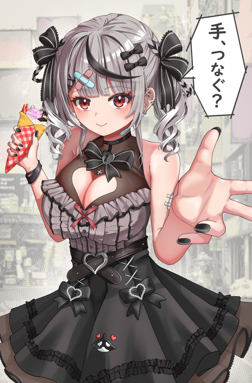 1girl bandaid bandaid_hair_ornament bandaid_on_neck belt black_belt black_dress black_hair black_nails blush breasts cleavage cleavage_cutout clothing_cutout crepe dress drill_hair ear_piercing food frilled_dress frills grey_hair hair_ornament heart_belt highres hiiragi_melt hololive large_breasts looking_at_viewer multicolored_hair nail_polish official_alternate_costume official_alternate_hairstyle piercing red_eyes sakamata_chloe sakamata_chloe_(3rd_costume) sleeveless sleeveless_dress smile solo streaked_hair twin_drills virtual_youtuber x_hair_ornament