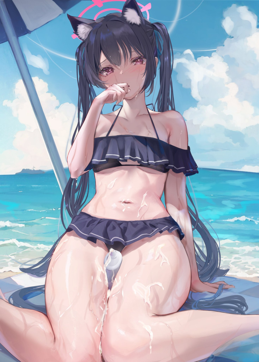 1girl animal_ear_fluff animal_ears bare_shoulders between_thighs bikini black_bikini black_hair blue_archive blush breasts cat_ears cloud frilled_bikini frills halo highres long_hair looking_at_viewer lotion medium_breasts navel ocean off-shoulder_bikini off_shoulder official_alternate_costume outdoors red_eyes serika_(blue_archive) serika_(swimsuit)_(blue_archive) solo stomach sunscreen swimsuit thighs toukaiseiya twintails very_long_hair wet