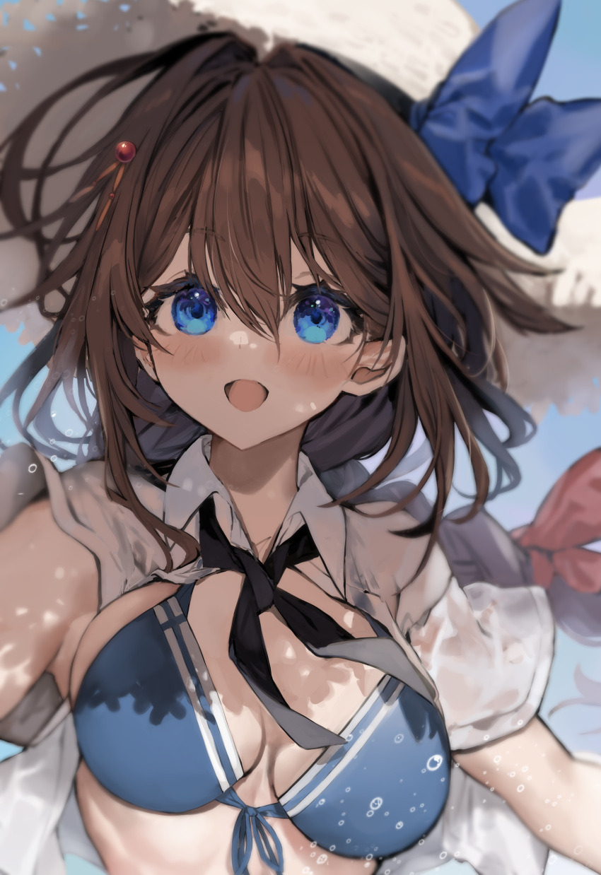 1girl absurdres bikini blue_bikini blue_eyes blush breasts brown_hair hair_between_eyes hat highres kantai_collection long_hair medium_breasts official_alternate_costume open_mouth picoli1313 shigure_(kancolle) shigure_kai_san_(kancolle) solo straw_hat swimsuit upper_body