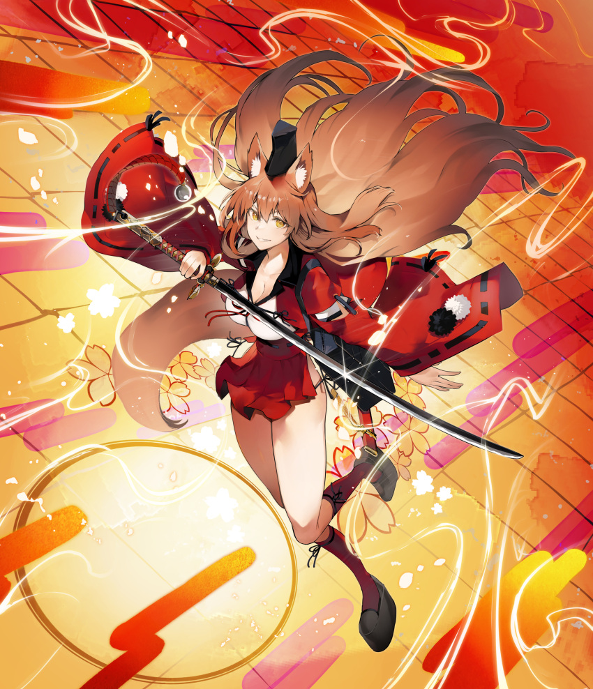 1girl absurdres animal_ear_fluff animal_ears breasts brown_eyes brown_hair commentary_request fate/grand_order fate_(series) fox_ears full_body hakama hakama_short_skirt hakama_skirt haori hat highres holding holding_sword holding_weapon jacket japanese_clothes katana large_breasts long_hair long_sleeves nishiide_kengorou parted_lips pleated_skirt red_jacket red_skirt shirt skirt smile solo suzuka_gozen_(fate) sword tate_eboshi weapon white_shirt wide_sleeves