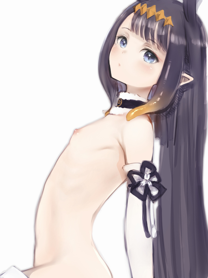 1girl absurdres black_hair blue_eyes blunt_bangs detached_collar detached_sleeves diamond_hairband flat_chest fur-trimmed_collar highres hololive hololive_english long_hair looking_at_viewer looking_to_the_side nanashi_(nlo) ninomae_ina'nis nipples nude pointy_ears simple_background solo very_long_hair virtual_youtuber white_background