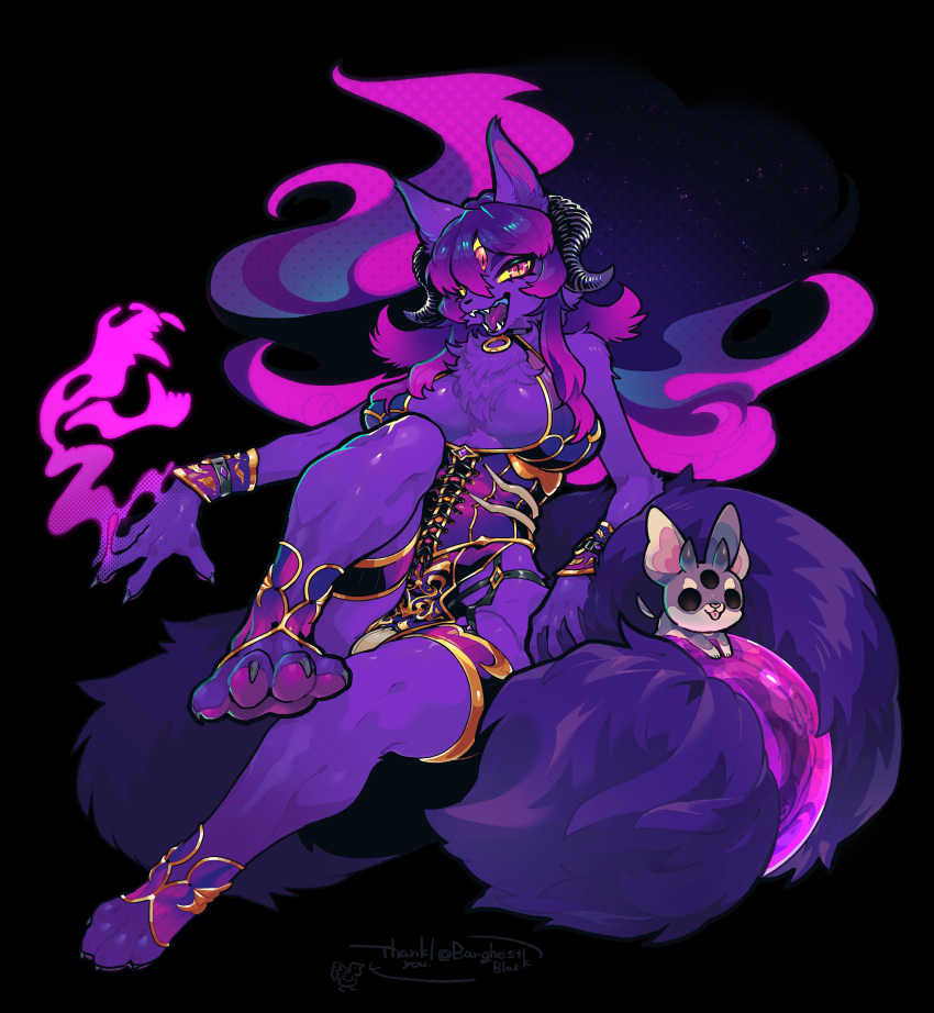 3_eyes absurd_res anthro big_breasts blue_sky bodily_fluids body_hair breasts butt canid canine clothed clothing demon digital_media_(artwork) eyebrows female female_anthro fluffy fluffy_tail fox fur hair hi_res horn jewelry kemono long_hair looking_at_viewer mammal men_cho7 multi_eye necklace pawpads purple_body purple_eyes purple_fur purple_hair purple_horn rein_d'ariette sky solo tail thick_eyebrows thick_thighs tuft