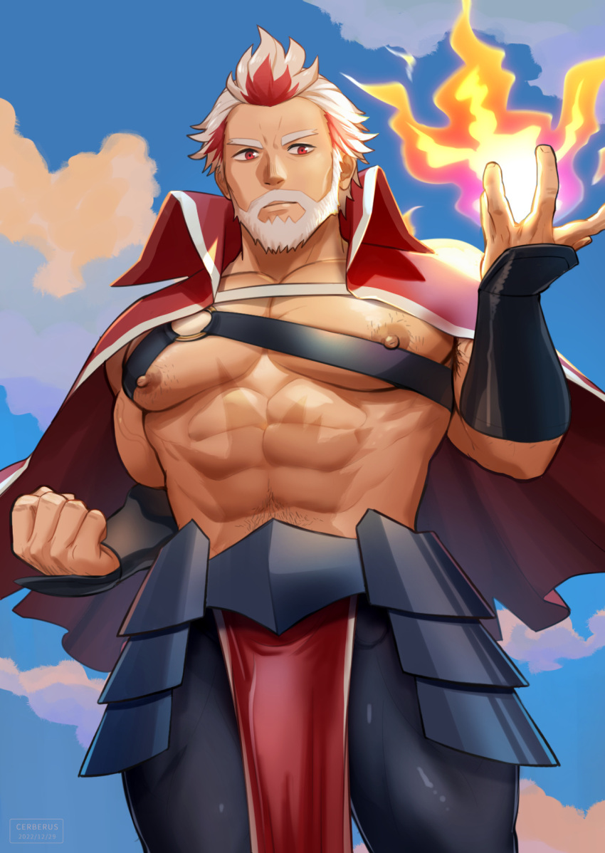 1boy abs armpit_hair armpit_hair_peek bara bare_pectorals bulge capelet cerberus_arts character_request chest_harness copyright_request facial_hair fire full_beard hand_up harness highres large_pectorals looking_at_viewer male_focus mature_male multicolored_hair muscular muscular_male navel_hair nipple_hair nipples o-ring o-ring_top old old_man paid_reward_available pants pectoral_press pectorals pelvic_curtain pyrokinesis red_capelet red_hair scar scar_on_stomach shiny_clothes short_hair solo standing stomach streaked_hair stubble thighs tight_clothes tight_pants white_hair