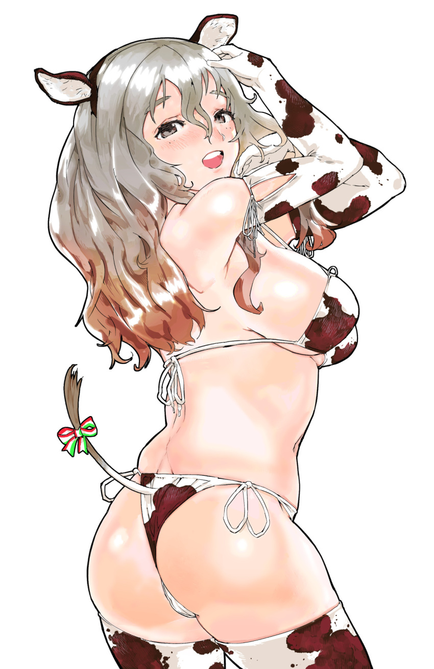 1girl animal_ears animal_print ass bikini breasts brown_eyes commentary_request cow_ears cow_print cow_tail cowboy_shot fake_animal_ears grey_hair hair_between_eyes highres igarashi_mangou kantai_collection large_breasts open_mouth pola_(kancolle) round_teeth side-tie_bikini_bottom simple_background solo swimsuit tail teeth thighhighs upper_teeth_only wavy_hair white_background white_bikini white_thighhighs