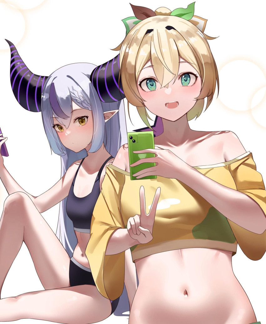 2girls bare_shoulders black_panties black_sports_bra blonde_hair blush braid braided_bangs breasts cropped_shirt donggua_bing_cha double-parted_bangs grey_hair highres holding holding_phone hololive kazama_iroha la+_darknesss long_hair looking_at_viewer loungewear medium_breasts midriff multicolored_hair multiple_girls navel off-shoulder_shirt off_shoulder open_mouth panties phone pink_hair ponytail shirt short_hair sleeves_past_elbows smile sports_bra streaked_hair underwear underwear_only v very_long_hair virtual_youtuber yellow_eyes yellow_shirt