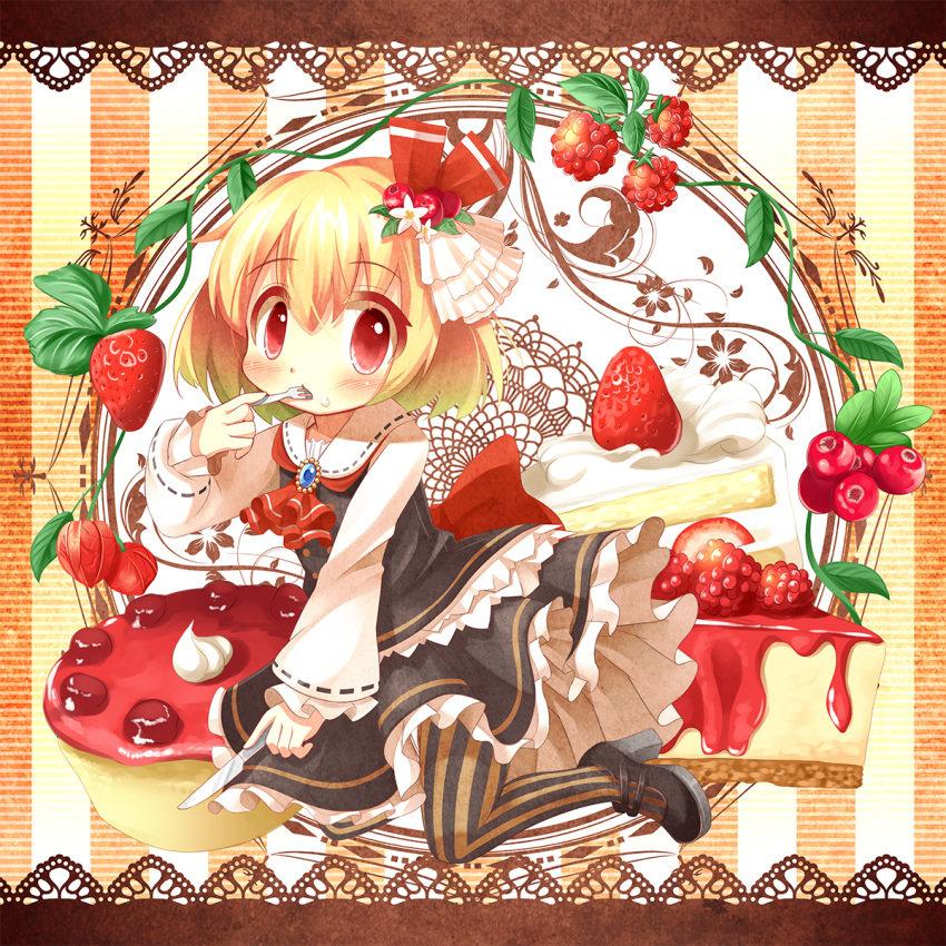 1girl ascot black_skirt blonde_hair blue_brooch blush cake cheesecake commentary_request eating english_commentary flower food food_focus food_on_face fork fruit fruit_hair_ornament hair_flower hair_ornament hair_ribbon highres holding holding_fork holding_knife knife leaf leaf_hair_ornament long_sleeves looking_at_viewer medium_hair mixed-language_commentary raspberry red_ascot red_eyes red_ribbon ribbon rumia shiro_1213 shoes skirt skirt_set solo strawberry touhou