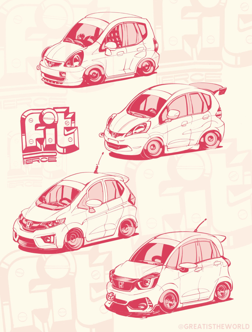 artist_name car chibi evolution highres honda honda_fit monochrome motor_vehicle original radio_antenna red_theme spoiler_(automobile) twitter_username vehicle_focus vehicle_name will_pierce