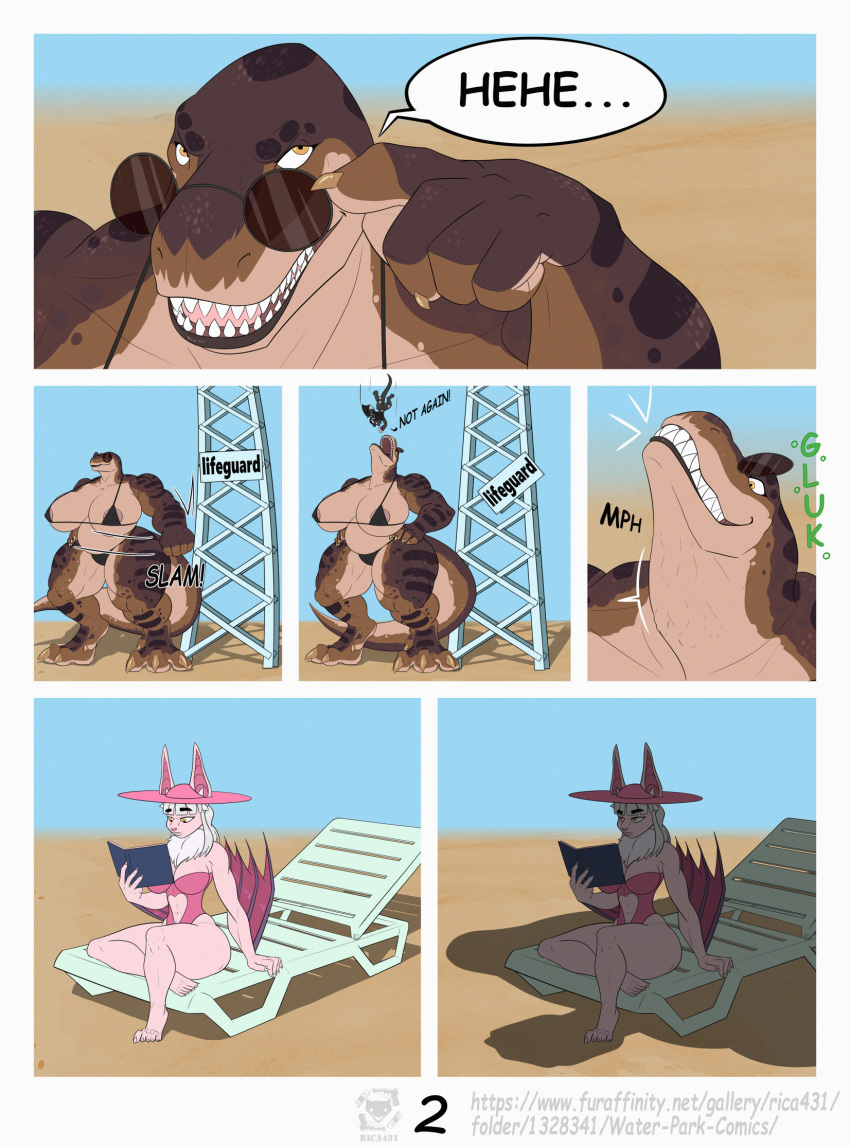anthro anthro_pred anthro_prey bat beach_chair bikini brown_body clothing comic dialogue digital_media_(artwork) dinosaur english_text eyewear falling female female_pred giggle hand_on_sunglasses hat headgear headwear hi_res lifeguard lifeguard_tower looming mammal muffled muscular muscular_anthro muscular_arms muscular_female muscular_thighs neck_bulge one-piece_swimsuit open_mouth oral_vore potbelly reptile rica431 scalie sharp_teeth size_difference speech_bubble sun_hat sunglasses swallowing swimwear teeth text theropod thick_thighs torso_cutout tyrannosaurid tyrannosaurus tyrannosaurus_rex vore wide_hips